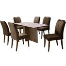 Mesa de Jantar Los Angeles 160x80cm em Veludo com 6 Cadeiras California Minas Plac Cor Canela Off White com Tecido Marrom