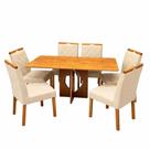Mesa de Jantar Madrid Dubai 160x80cm Sem Vidro e 6 Cadeiras California em Linho Estofadas Minas Plac Cor Cinamomo com Tecido Bege