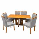 Mesa de Jantar Madrid Dubai 160x80cm Sem Vidro e 6 Cadeiras California em Linho Estofadas Minas Plac Cor Cinamomo com Tecido Cinza