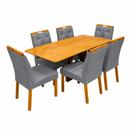 Mesa de Jantar Madrid Dubai 160x80cm Sem Vidro e 6 Cadeiras Jasmim em Veludo Estofadas Minas Plac Cor Cinamomo com Tecido Cinza