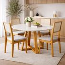 Mesa de Jantar para 4 Lugares Redonda Pés Madeira Maciça Tampo Mdf e vidro Pérola Mel e off White