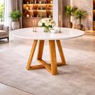 Mesa de Jantar para 4 Lugares Redonda Pés Madeira Maciça Tampo Mdf e vidro Pérola Mel e off White