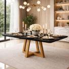 Mesa de Jantar para 6 Lugares Pés Madeira Maciça Mel e preto 160x90 Tampo Mdf e vidro Pérola