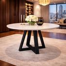 Mesa de Jantar Pérola Redonda 4 Lugares com Tampo MDF e Vidro Off White e Pés em Madeira Maciça Preta