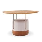 Mesa de Jantar Redonda 1,2m Metal Base Estofada Tampo MDF Cor:Louro Freijó Base Champagne Bege com Caramelo