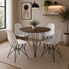 Mesa de Jantar Redonda 90cm Amêndoa Clips 3 Pés com 4 Cadeiras Eames Eiffel Brancas Ferro Preto