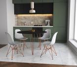 Mesa de Jantar Redonda 90cm Preta Clips 3 Pés com 4 Cadeiras Eames Eiffel Brancas Base Cobre Mesa de Jantar Redonda 90cm Preta Clips 3 Pés com 4 Cadeiras Eames Eiffel Brancas Base Cobre
