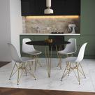 Mesa de Jantar Redonda 90cm Preta Clips 3 Pés com 4 Cadeiras Eames Eiffel Brancas Base Dourada