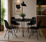 Mesa de Jantar Redonda 90cm Preta Clips 3 Pés com 4 Cadeiras Eames Eiffel Pretas Ferro Preto