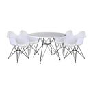 Mesa de Jantar Redonda Eames Eiffel 90cm Branca com 4 Poltronas Brancas Ferro Preto