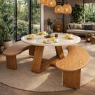 Mesa De Jantar Redonda Em Mdf E Vidro Temperado Com 2 Bancos Curvos Cor:Off white