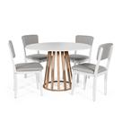 Mesa de Jantar Redonda Gabi Bran/Jade com 4 Cadeiras Estofadas Ella Branco/Cinza Claro