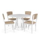 Mesa de Jantar Redonda Gabi Branca com 4 Cadeiras Estofadas Ella Branco/Bege