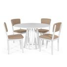 Mesa de Jantar Redonda Gabi Branca com 4 Cadeiras Estofadas Ella Branco/Marrom Claro