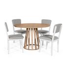 Mesa de Jantar Redonda Gabi Jade com 4 Cadeiras Estofadas Ella Branco/Cinza Claro