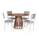 Mesa de Jantar Redonda Gabi Noronha com 4 Cadeiras Estofadas Ella Branco/Cinza Claro