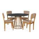 Mesa de Jantar Redonda Gabi Pret/Jade com 4 Cadeiras Estofadas Ella Marrom Claro
