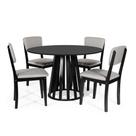 Mesa de Jantar Redonda Gabi Preta com 4 Cadeiras Estofadas Ella Preto/Cinza Claro