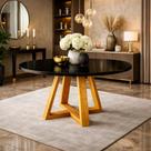 Mesa de Jantar Redonda para 4 Lugares Pés Madeira Maciça Pérola Mel e preto Tampo Mdf e vidro