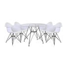 Mesa de Jantar Vidro Redonda 90cm Eames Eiffel com 4 Poltronas Brancas Ferro Preto
