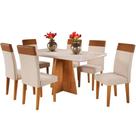 Mesa de Jantar Viena 160x80cm com 6 Cadeiras Turim Tecido Linho Viero Cor Mel Off White com Tecido Bege