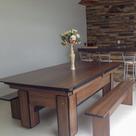 Mesa de Sinuca e Jantar com Bancos Charme Carlin Bilhares Superfície em Pedra de Ardósia 20mm 2,20 x 1,20 Malaga Tecido Vermelho Bordas Pretas