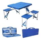 Mesa Dobrável de Alumínio Azul Com 4 Banquetas Para Camping Vira Maleta Mesa Dobrável de Alumínio Azul Com 4 Banquetas Para Camping Vira Maleta