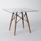 Mesa Eames Eiffel Quadrada 90 Cm Tampo de Vidro Base de Madeira