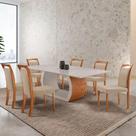 Mesa Ellis 180cm Tampo Laqueado Com Vidro Com 6 Cadeiras Munique Linho Premuim/imbuia Nat./off White