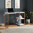 Mesa Escritório Berlim Industrial com Prateleira Ferro Cobre Tampo 110x46 Branco