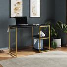 Mesa Escritório Berlim Industrial com Prateleira Ferro Dourado Tampo 110x46 Preto
