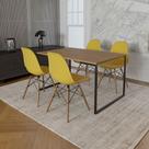 Mesa Industrial Base de Ferro Preto 137x90 Tampo Amêndoa 4 Cadeiras Eiffel Madeira Assento Amarelo