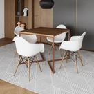 Mesa Industrial Jantar Amêndoa Quadrada 90Cm Base Cobre V Com 4 Poltronas Brancas Madei Amendoa