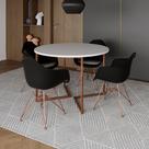 Mesa Industrial Jantar Branca 110cm Redonda Base V com 4 Poltronas Pretas Eames Eiffel Base Cobre