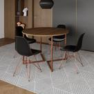 Mesa Industrial Jantar Redonda Amêndoa 110cm Base V com 4 Cadeiras Eames Pretas Base Cobre