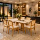 Mesa Jantar com 6 Cadeiras Madeira Maciça Linho Bege Luxo