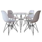 Mesa Jantar Eames de Ferro Preto Tampo Redondo 90cm Vidro 4 Cadeiras Brancas