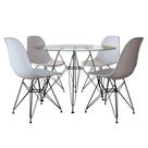 Mesa Jantar Eames de Ferro Preto Tampo Redondo 90cm Vidro 4 Cadeiras Brancas