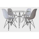 Mesa Jantar Eames De Ferro Preto Tampo Redondo Vidro 110cm 4 Cadeiras Brancas