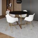 Mesa Jantar Industrial Preta 110cm Redonda Base V com 4 Poltronas Eames Eiffel Daw Brancas Base Dour