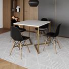 Mesa Jantar Industrial Quadrada 90cm Branca Base V Dourada com 4 Cadeiras Eames Eiffel Madeira Preta