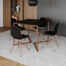 Mesa Jantar Industrial Quadrada 90cm Preta Base Cobre V com 4 Cadeiras Pretas Eames Eiffel Pés Cobre