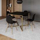 Mesa Jantar Industrial Quadrada 90cm Preta Base V Dourada com 4 Cadeiras Eames Eiffel Madeira Pretas