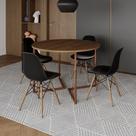 Mesa Jantar Industrial Redonda 110cm Amêndoa Base V Cobre com 4 Cadeiras Eames Preta Base Madeira