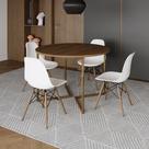 Mesa Jantar Industrial Redonda 110cm Amêndoa Base V Dourada com 4 Cadeiras Eames Eiffel Madeira Bran