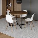 Mesa Jantar Industrial Redonda 110cm Amêndoa Base V Ferro Preto com 4 Cadeiras Eames Branca Base Mad
