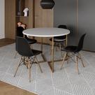 Mesa Jantar Industrial Redonda 110cm Branca Base V Dourada com 4 Cadeiras Eames Eiffel Madeira Preta
