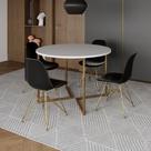 Mesa Jantar Industrial Redonda 110Cm Branca Base V Dourada Com 4 Cadeiras Pretas Base D Cor: Branco Mesa Jantar Industrial Redonda 110Cm Branca Base V Dourada Com 4 Cadeiras Pretas Base D Cor: Branco