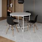 Mesa Jantar Industrial Redonda 110cm Branca Base V Ferro Branco com 4 Cadeiras Eames Preta Base Made