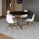 Mesa Jantar Industrial Redonda 110cm Preta Base V Dourada com 4 Cadeiras Eames Eiffel Madeira Branca